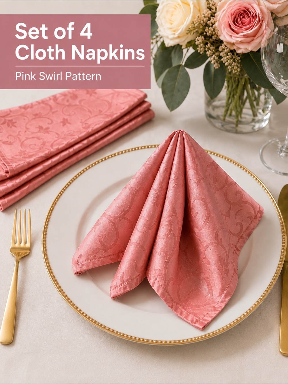 Set of 4 Blush Pink Jacquard Cloth Dinner Napkins 19” Table Linens